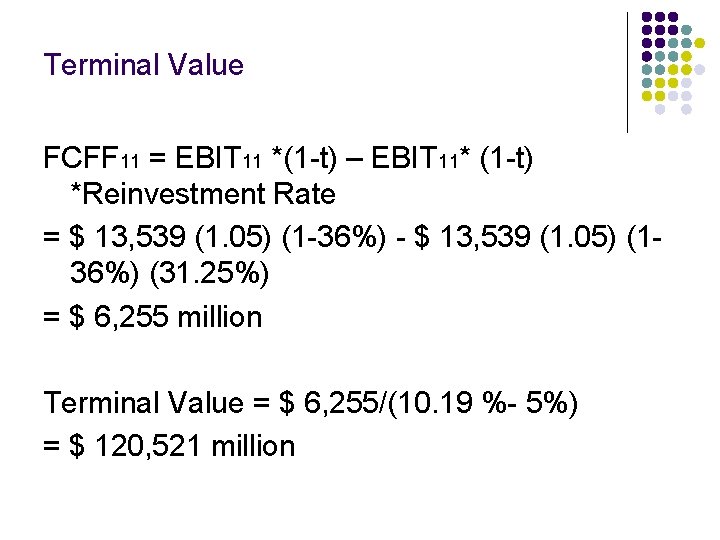 Terminal Value FCFF 11 = EBIT 11 *(1 -t) – EBIT 11* (1 -t)