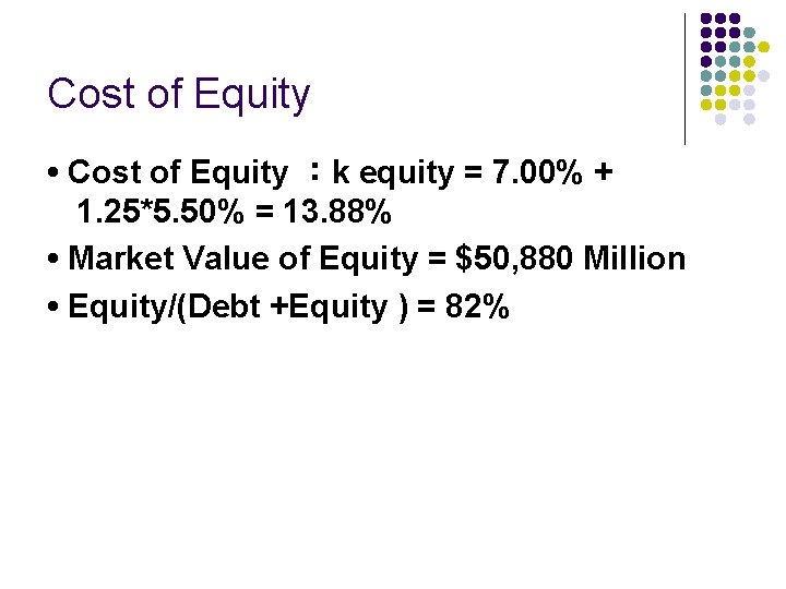 Cost of Equity • Cost of Equity ：k equity = 7. 00% + 1.