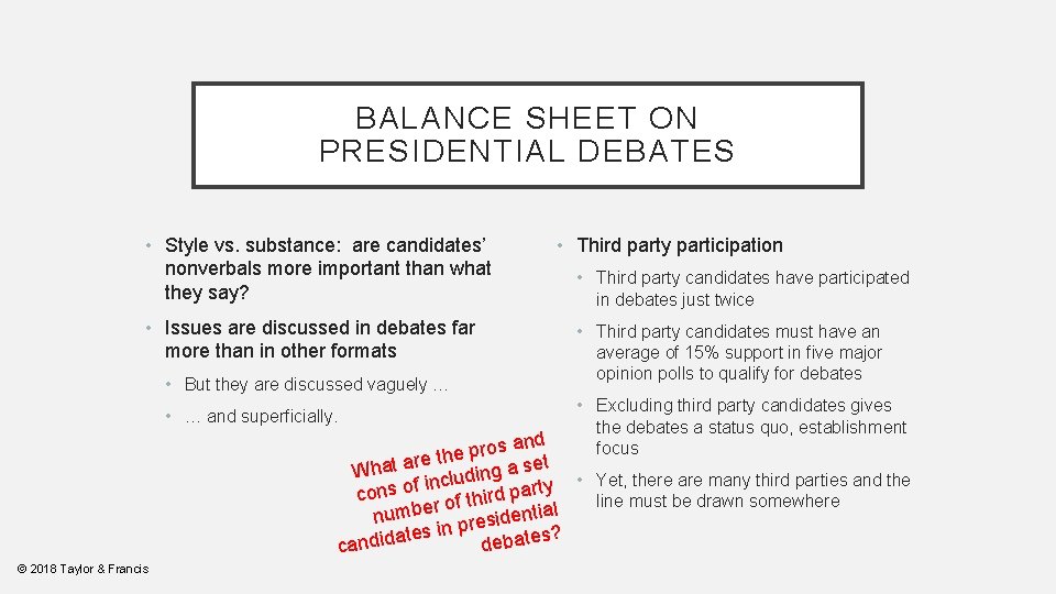 BALANCE SHEET ON PRESIDENTIAL DEBATES • Style vs. substance: are candidates’ nonverbals more important