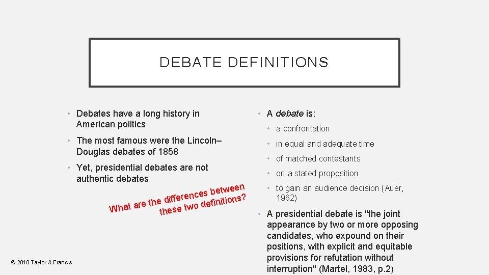 DEBATE DEFINITIONS • Debates have a long history in American politics • A debate