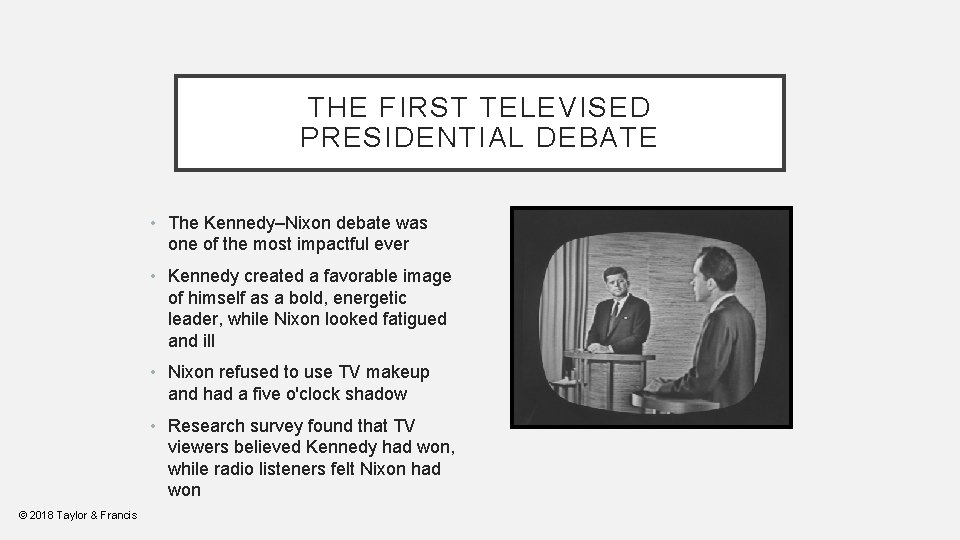 THE FIRST TELEVISED PRESIDENTIAL DEBATE • The Kennedy–Nixon debate was one of the most