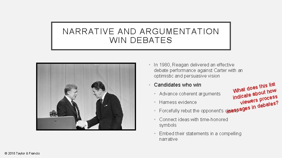 NARRATIVE AND ARGUMENTATION WIN DEBATES • In 1980, Reagan delivered an effective debate performance