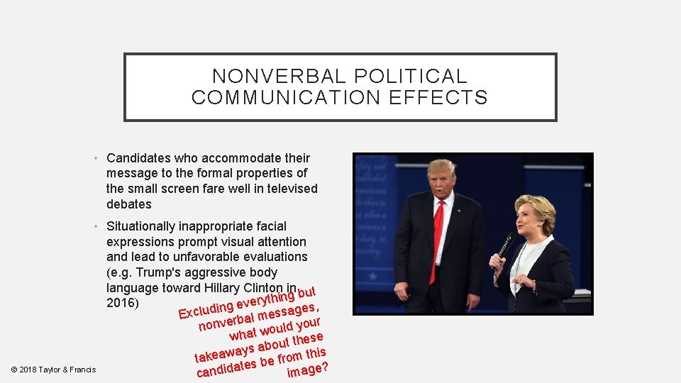 NONVERBAL POLITICAL COMMUNICATION EFFECTS • Candidates who accommodate their message to the formal properties
