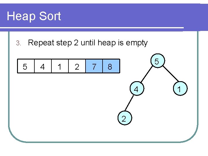 Heap Sort Repeat step 2 until heap is empty 3. 5 4 1 2