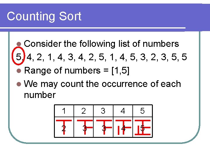 Counting Sort l Consider the following list of numbers 5, 4, 2, 1, 4,