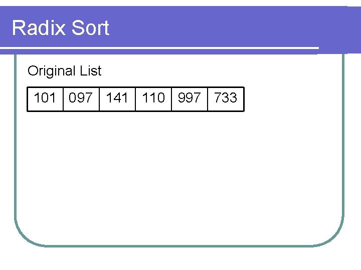 Radix Sort Original List 101 0 97 141 110 997 733 