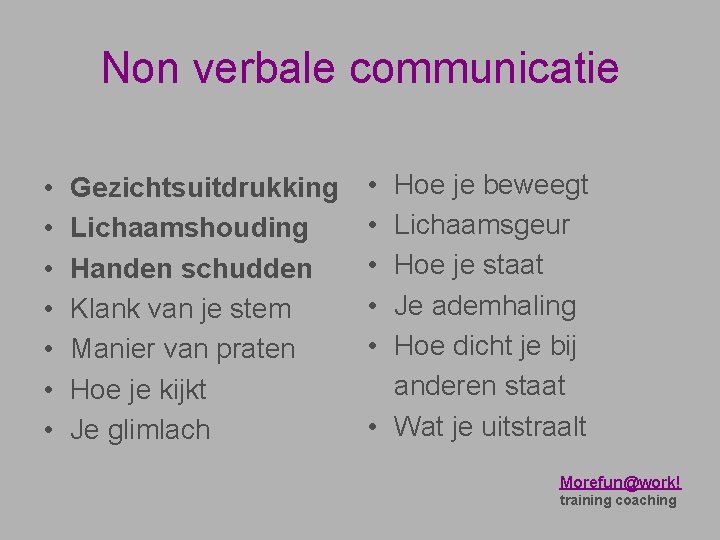 Non verbale communicatie • • Gezichtsuitdrukking Lichaamshouding Handen schudden Klank van je stem Manier