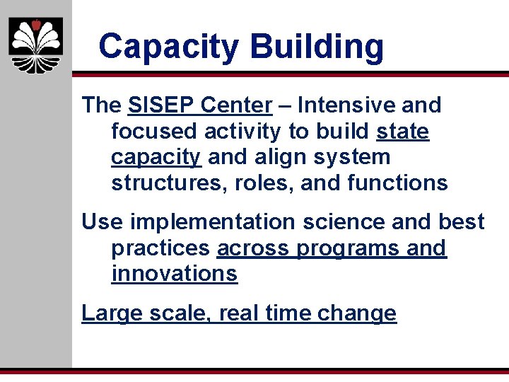 Capacity Building The SISEP Center – Intensive and focused activity to build state capacity