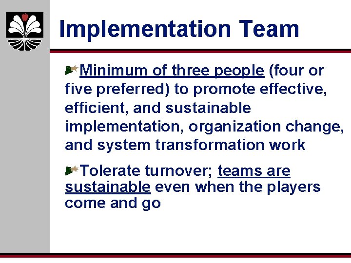 Implementation Team Minimum of three people (four or five preferred) to promote effective, efficient,