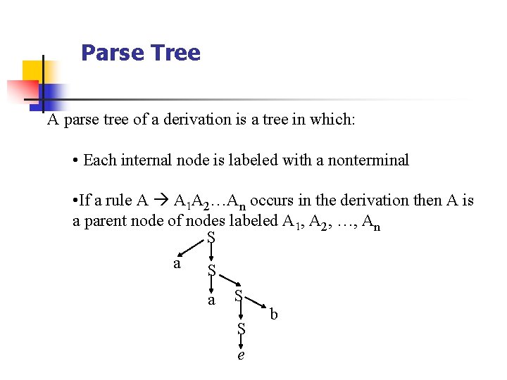 Parse Tree A parse tree of a derivation is a tree in which: •