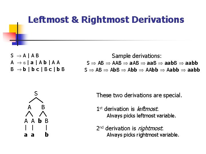 Leftmost & Rightmost Derivations S A|AB A |a|Ab|AA B b|bc|Bc|b. B S A S