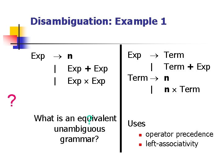 Disambiguation: Example 1 Exp n | Exp + Exp | Exp ? What is