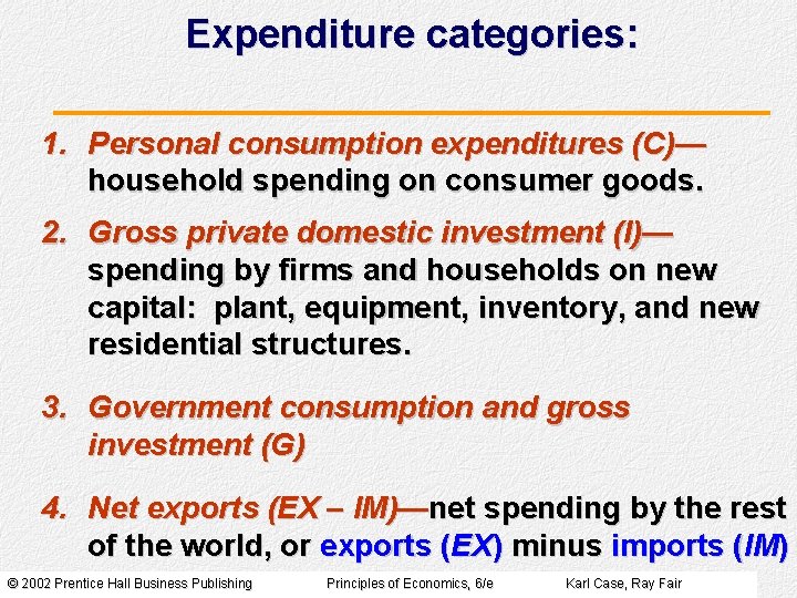 Expenditure categories: 1. Personal consumption expenditures (C)— household spending on consumer goods. 2. Gross