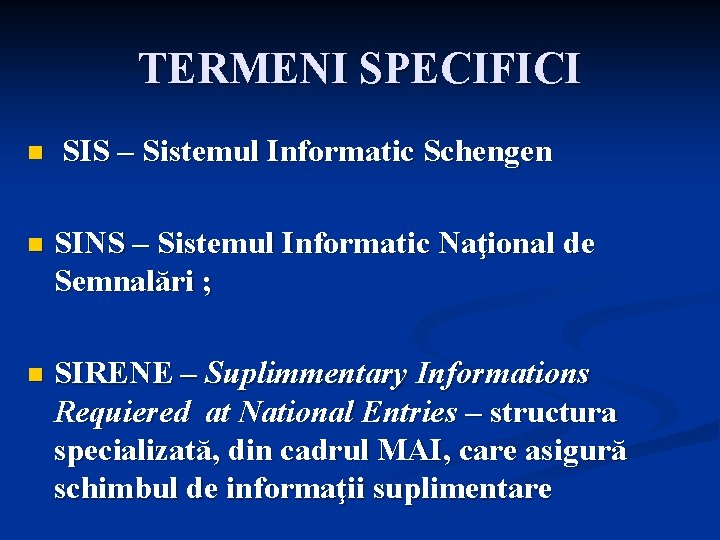 TERMENI SPECIFICI n SIS – Sistemul Informatic Schengen n SINS – Sistemul Informatic Naţional