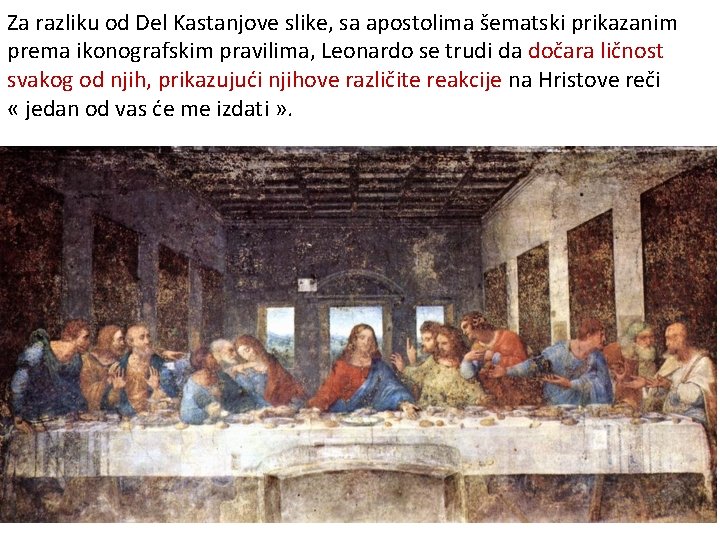 Za razliku od Del Kastanjove slike, sa apostolima šematski prikazanim prema ikonografskim pravilima, Leonardo