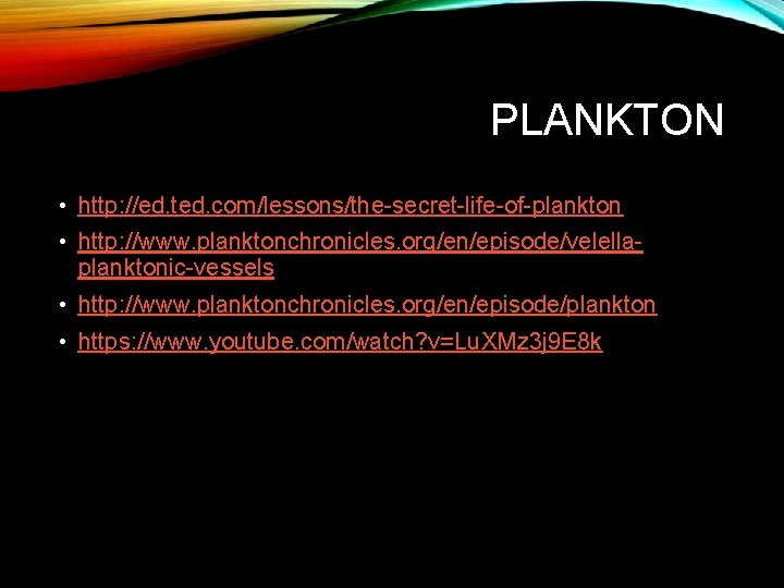 PLANKTON • http: //ed. ted. com/lessons/the-secret-life-of-plankton • http: //www. planktonchronicles. org/en/episode/velellaplanktonic-vessels • http: //www.