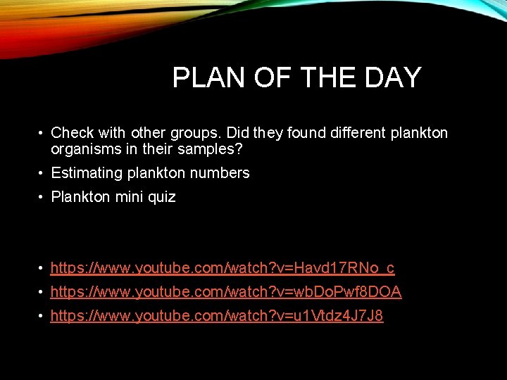 PLAN OF THE DAY • Check with other groups. Did they found different plankton
