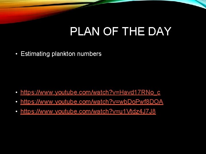 PLAN OF THE DAY • Estimating plankton numbers • https: //www. youtube. com/watch? v=Havd