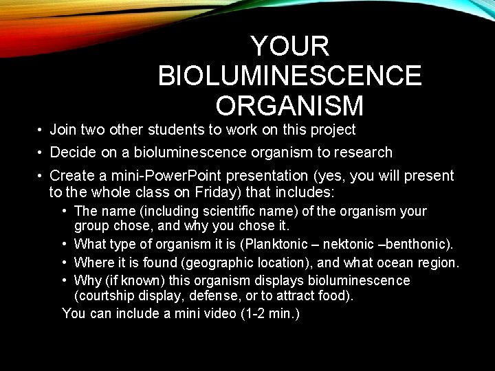 YOUR BIOLUMINESCENCE ORGANISM • Join two other students to work on this project •