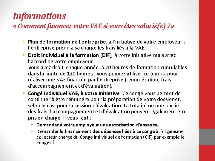 Informations « Comment financer votre VAE si vous êtes salarié(e) ? » • Plan