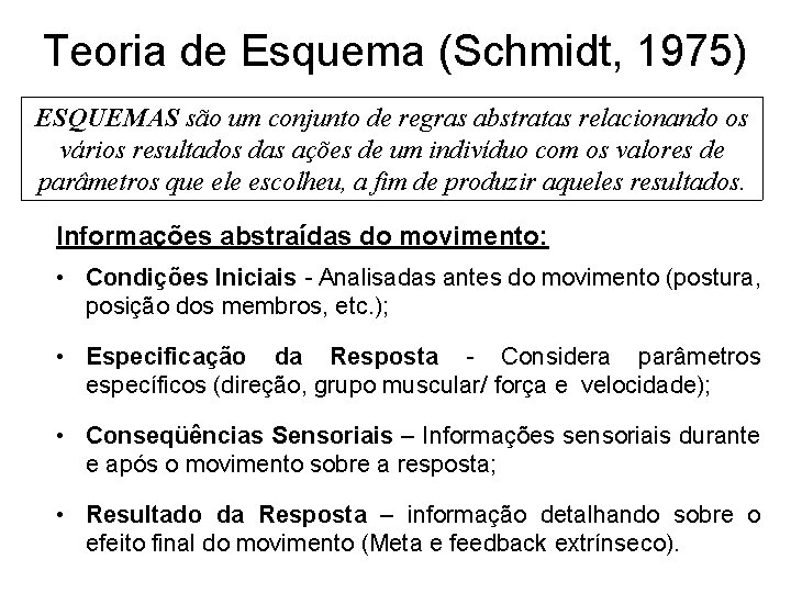 Teoria de Esquema (Schmidt, 1975) ESQUEMAS são um conjunto de regras abstratas relacionando os