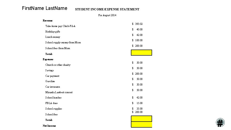 First. Name Last. Name STUDENT INCOME/EXPENSE STATEMENT For August 2014 Revenue Take-home pay Chick-Fil-A