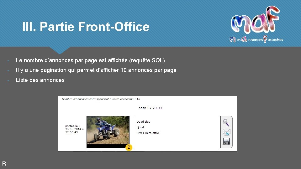 III. Partie Front-Office R - Le nombre d’annonces par page est affichée (requête SQL)