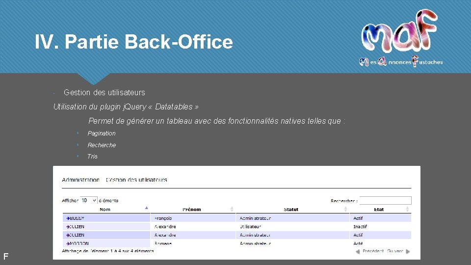 IV. Partie Back-Office - Gestion des utilisateurs Utilisation du plugin j. Query « Datatables