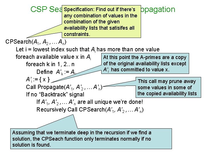 Specification: Find out if there’s CSP Search with Constraint Propagation any combination of values