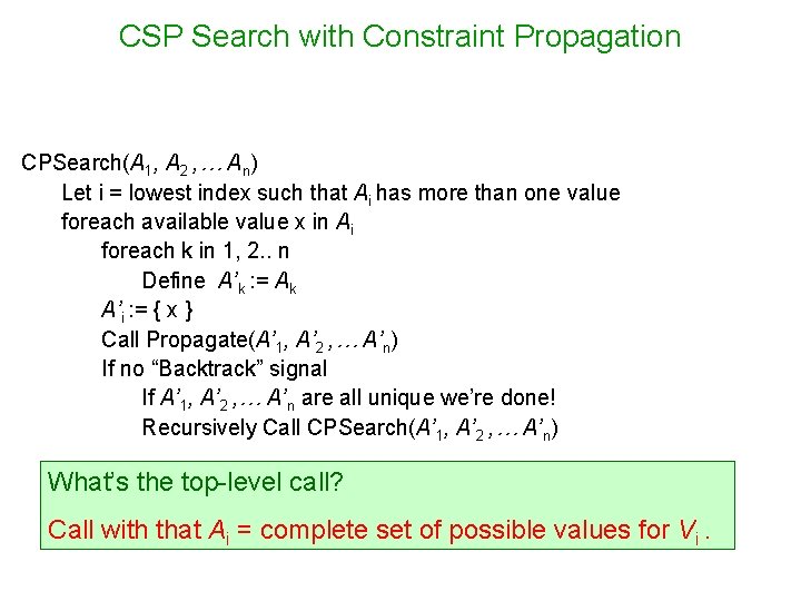 CSP Search with Constraint Propagation CPSearch(A 1, A 2 , … An) Let i
