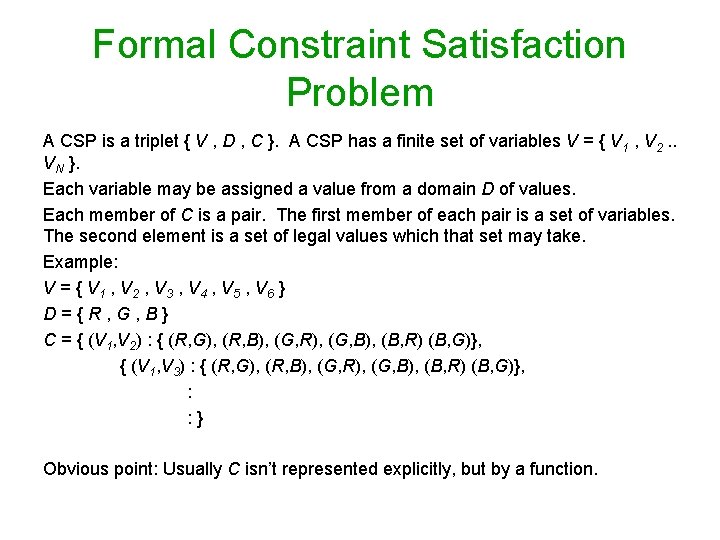 Formal Constraint Satisfaction Problem A CSP is a triplet { V , D ,
