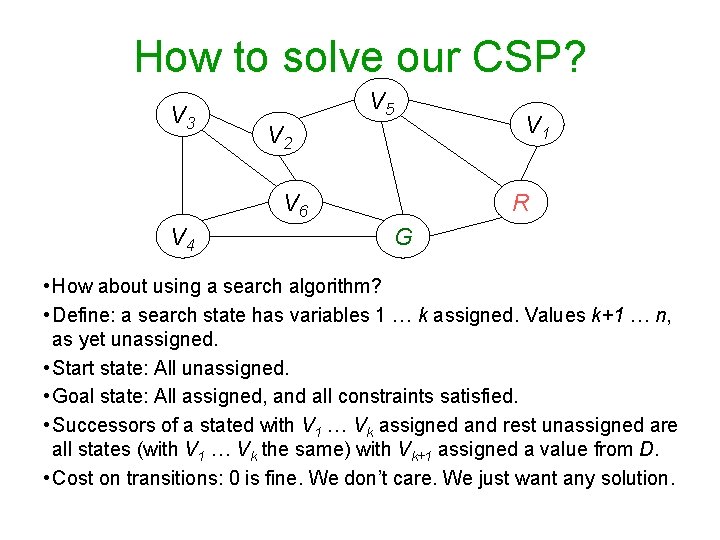How to solve our CSP? V 3 V 5 V 2 V 6 V