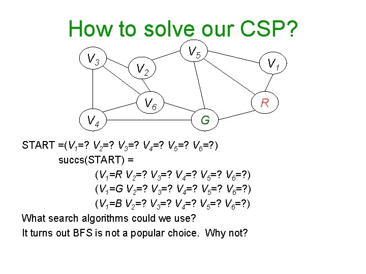 How to solve our CSP? V 3 V 5 V 2 V 6 V