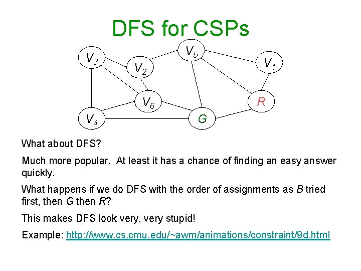 DFS for CSPs V 3 V 5 V 2 V 6 V 4 V