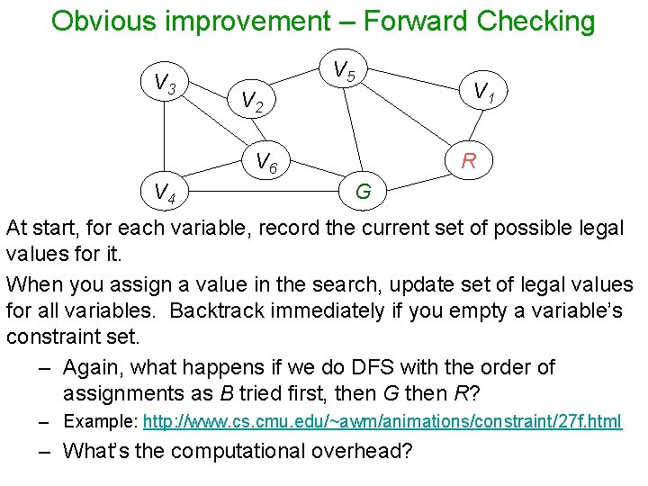 Obvious improvement – Forward Checking V 3 V 5 V 2 V 6 V