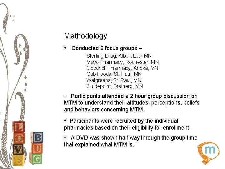 Methodology • Conducted 6 focus groups – Sterling Drug, Albert Lea, MN Mayo Pharmacy,