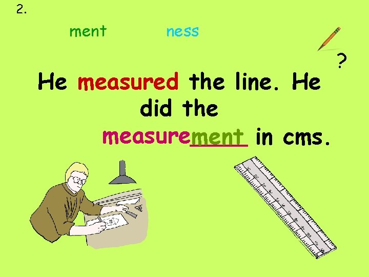 2. ment ness He measured the line. He did the measure____ ment in cms.