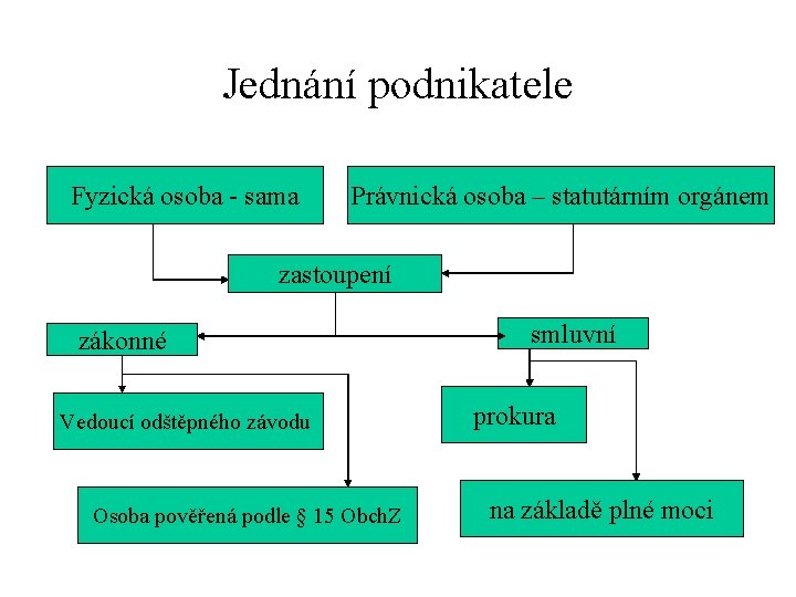 Jednání podnikatele Fyzická osoba - sama Právnická osoba – statutárním orgánem zastoupení zákonné Vedoucí