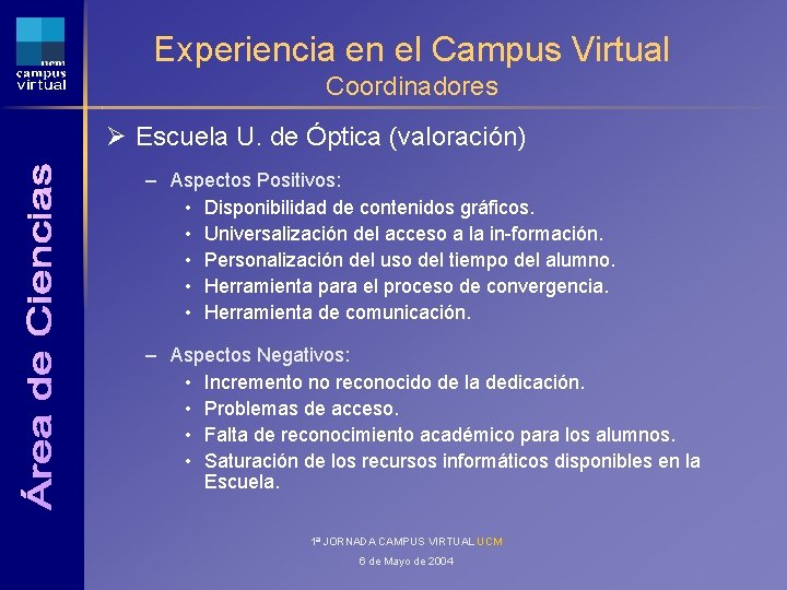 Experiencia en el Campus Virtual Coordinadores Ø Escuela U. de Óptica (valoración) – Aspectos