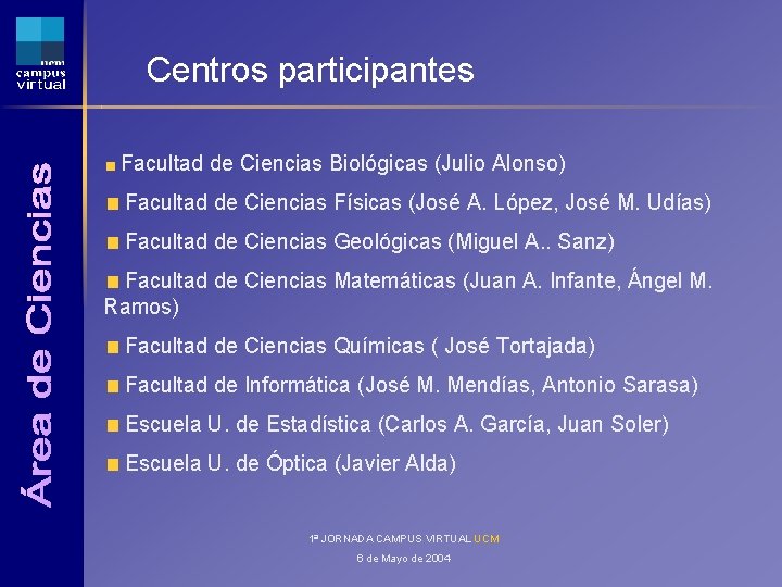 Centros participantes Facultad de Ciencias Biológicas (Julio Alonso) Facultad de Ciencias Físicas (José A. Centros participantes Facultad de Ciencias Biológicas (Julio Alonso) Facultad de Ciencias Físicas (José A.