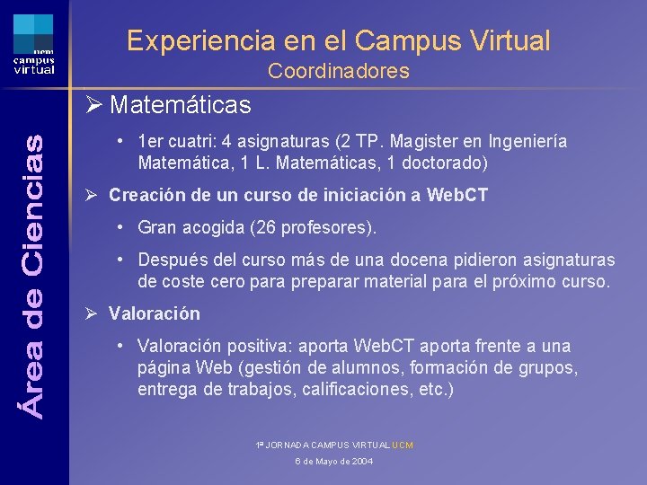 Experiencia en el Campus Virtual Coordinadores Ø Matemáticas • 1 er cuatri: 4 asignaturas