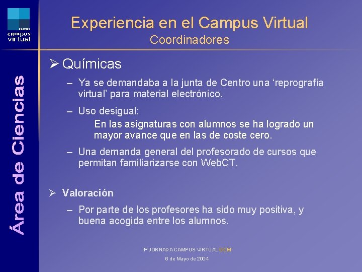 Experiencia en el Campus Virtual Coordinadores Ø Químicas – Ya se demandaba a la