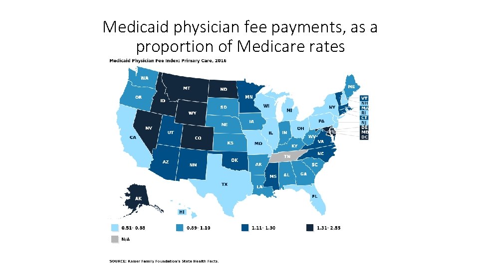 Medicaid physician fee payments, as a proportion of Medicare rates 