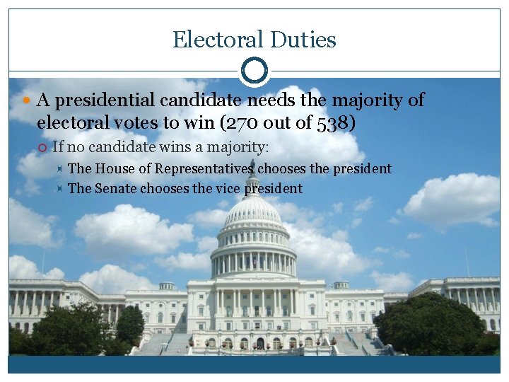 Electoral Duties A presidential candidate needs the majority of electoral votes to win (270