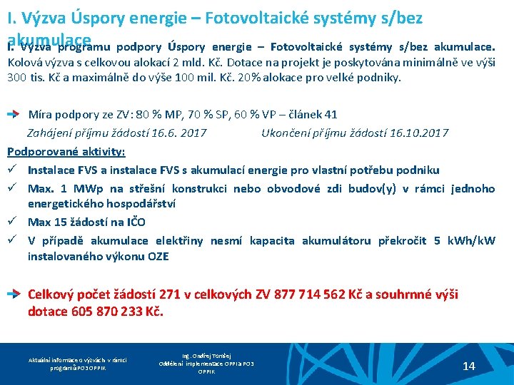 I. Výzva Úspory energie – Fotovoltaické systémy s/bez akumulace I. Výzva programu podpory Úspory