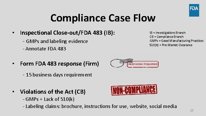 Compliance Case Flow • Inspectional Close-out/FDA 483 (IB): - GMPs and labeling evidence - Compliance Case Flow • Inspectional Close-out/FDA 483 (IB): - GMPs and labeling evidence -