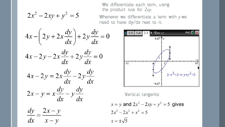 We differentiate each term, using the product rule for 2 xy. Whenever we differentiate