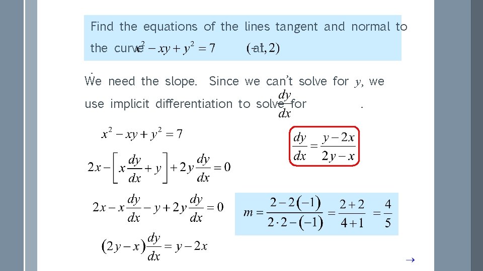 Find the equations of the lines tangent and normal to the curve. We need