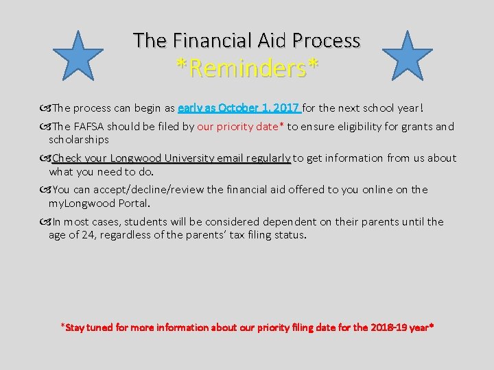 The Financial Aid Process *Reminders* The process can begin as early as October 1,