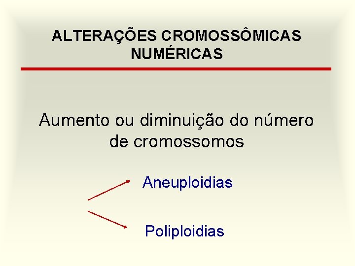 ALTERAÇÕES CROMOSSÔMICAS NUMÉRICAS Aumento ou diminuição do número de cromossomos Aneuploidias Poliploidias 
